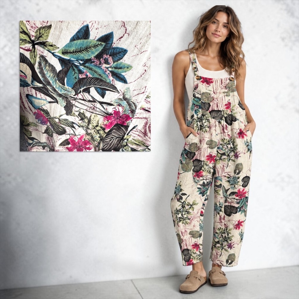 Floral Botanical Overalls M Cotton Blend Boho Cottagecore Lagenlook Jumpsuit